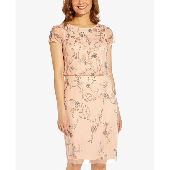 NWT Adrianna Papell Floral Hand Beaded Blouson Sort Sheath Dress Size 4 - Picture 1 of 4